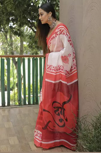  White Figure Digital Print Linen Saree