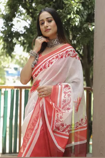  White Figure Digital Print Linen Saree