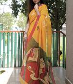  Yellow Figure Digital Print Linen Saree