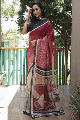  Maroon Figure Digital Print Linen Saree 1