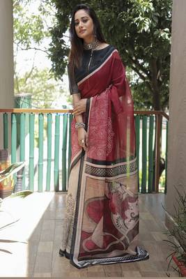  Maroon Figure Digital Print Linen Saree 3