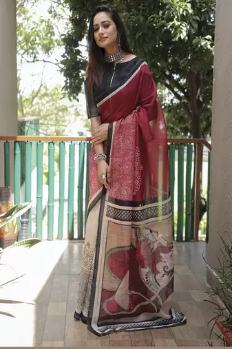  Maroon Figure Digital Print Linen Saree