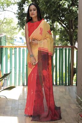  Yellow Figure Digital Print Linen Saree 1
