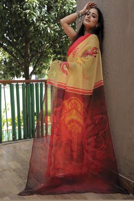  Yellow Figure Digital Print Linen Saree 3