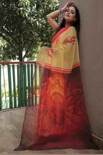  Yellow Figure Digital Print Linen Saree