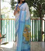  White Figure Digital Print Linen Saree