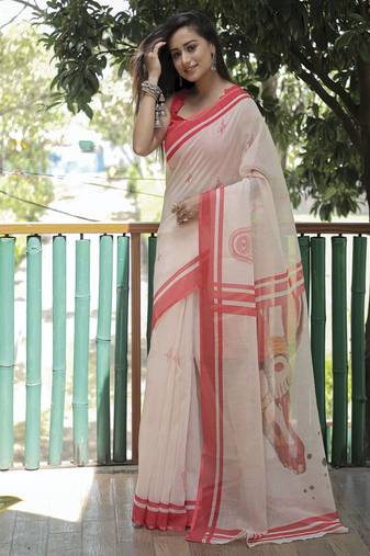 Amazingly Figure Printed White Designer Linen Saree
