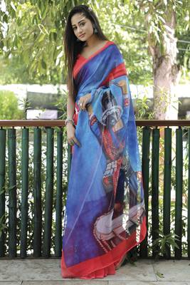 Amazingly Figure Printed Blue Linen Saree 1
