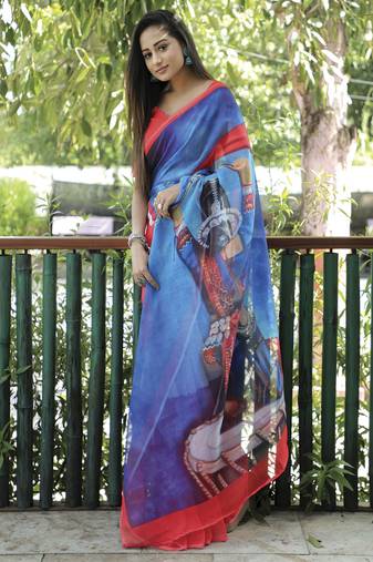 Amazingly Figure Printed Blue Designer Linen Saree