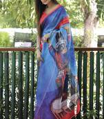 Amazingly Figure Printed Blue Linen Saree
