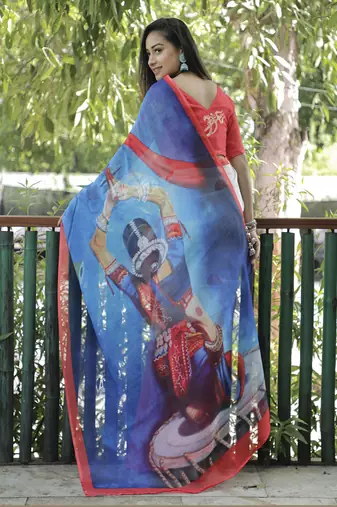Amazingly Figure Printed Blue Linen Saree