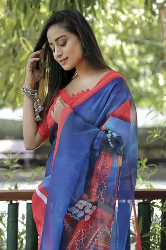 Amazingly Figure Printed Blue Linen Saree