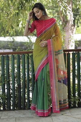 Amazingly Figure Printed Green Linen Saree 3