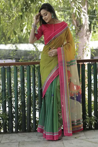 Amazingly Figure Printed Green Linen Saree