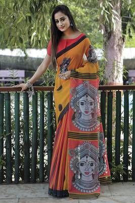 Amazingly Figure Printed Yellow Linen Saree 1