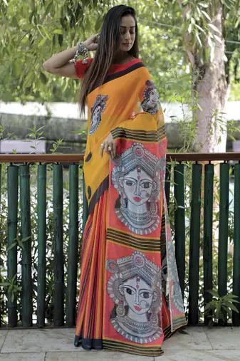 Amazingly Figure Printed Yellow Linen Saree