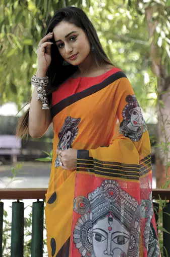 Amazingly Figure Printed Yellow Linen Saree