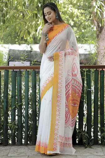 Amazingly Figure Printed White Linen Saree