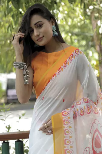 Amazingly Figure Printed White Linen Saree