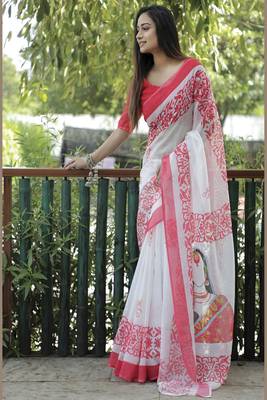 Amazingly Figure Printed White Linen Saree 3