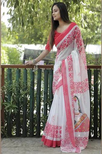 Amazingly Figure Printed White Linen Saree