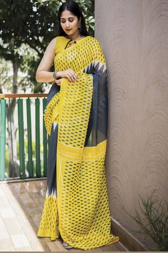  Ethnic Print Yellow Traditional Linen Saree