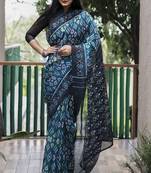  Ethnic Print Teal Blue Traditional Linen Saree