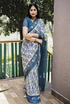  Ethnic Print White Traditional Linen Saree 1