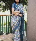  Ethnic Print White Traditional Linen Saree