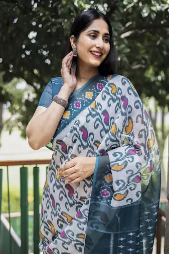  Ethnic Print White Traditional Linen Saree
