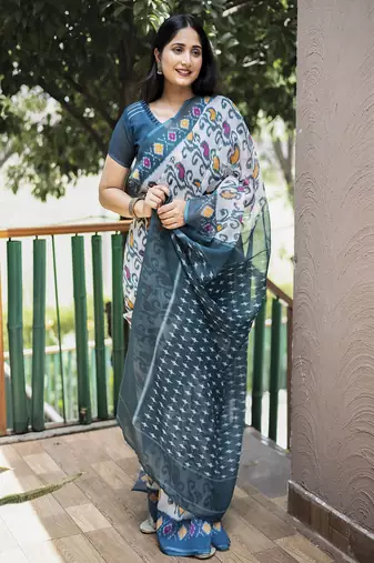  Ethnic Print White Traditional Linen Saree
