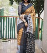  Ethnic Print Mustard Traditional Linen Saree