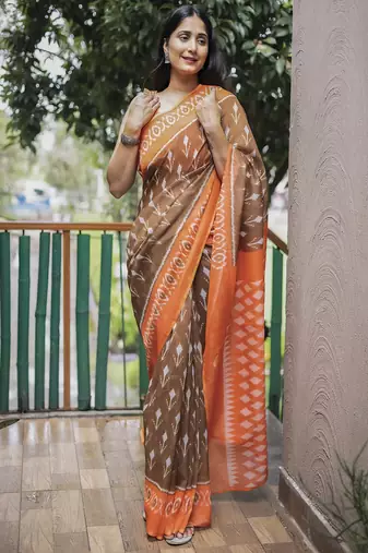  Ethnic Print Brown Traditional Linen Saree