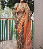  Ethnic Print Brown Traditional Linen Saree