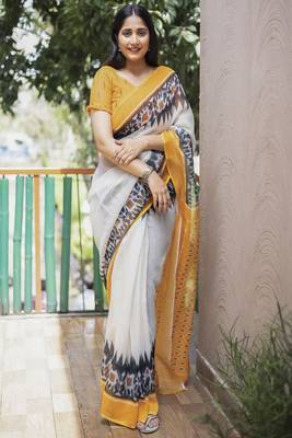 Smart White Traditional Fancy Saree In Linen c 1