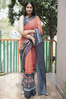Smart Peach Traditional Fancy Saree In Linen c 1