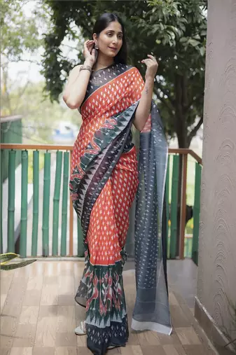 Smart Peach Traditional Fancy Saree In Linen