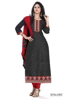 Dark Grey embroidered chanderi semi stitched salwar with dupatta 1