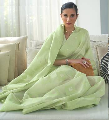 Green Cotton Linen Chikankari Saree With Blouse For Women 2
