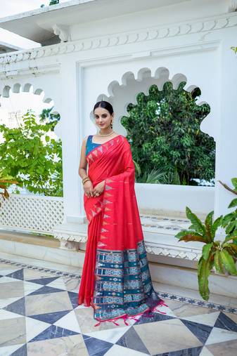 Red tussar silk blend Saree For Traditional Designer Woven Saree