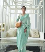 Firozi Cotton Linen Chikankari Saree With Blouse For Women