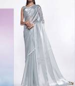 Smart And Solid Plain Ethnic Girlish Silver Colour Saree For Party Looks