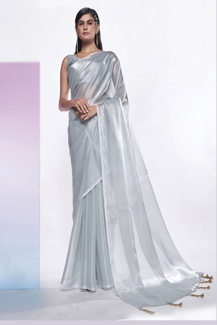 Smart And Solid Plain Ethnic Girlish Silver Colour Saree For Party Looks