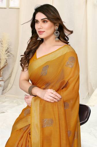 Mustard cotton foil block print silver zari border saree with unstitched blouse piece
