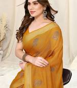 Mustard cotton foil block print silver zari border saree with unstitched blouse piece