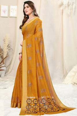 Mustard cotton foil block print silver zari border saree with unstitched blouse piece 3