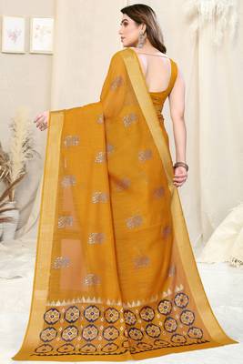 Mustard cotton foil block print silver zari border saree with unstitched blouse piece 4
