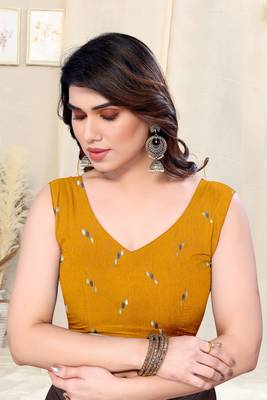 Mustard cotton foil block print silver zari border saree with unstitched blouse piece 5