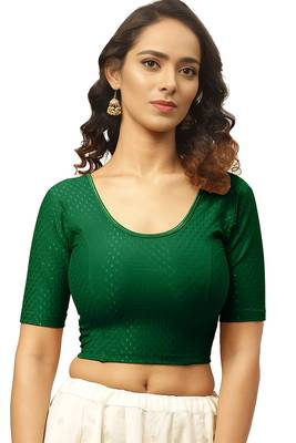 Bottel Green Cotton Lycra Fully Stretchable Round Neck Readymade Blouse With Half Sleeve 1