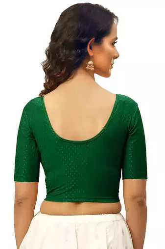 Bottel Green Cotton Lycra Fully Stretchable Round Neck Readymade Blouse With Half Sleeve